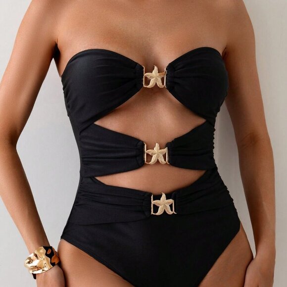 Black Elegant Women's Metal Decor Hollow Out Casual Swimsuit - Picture 4 of 5